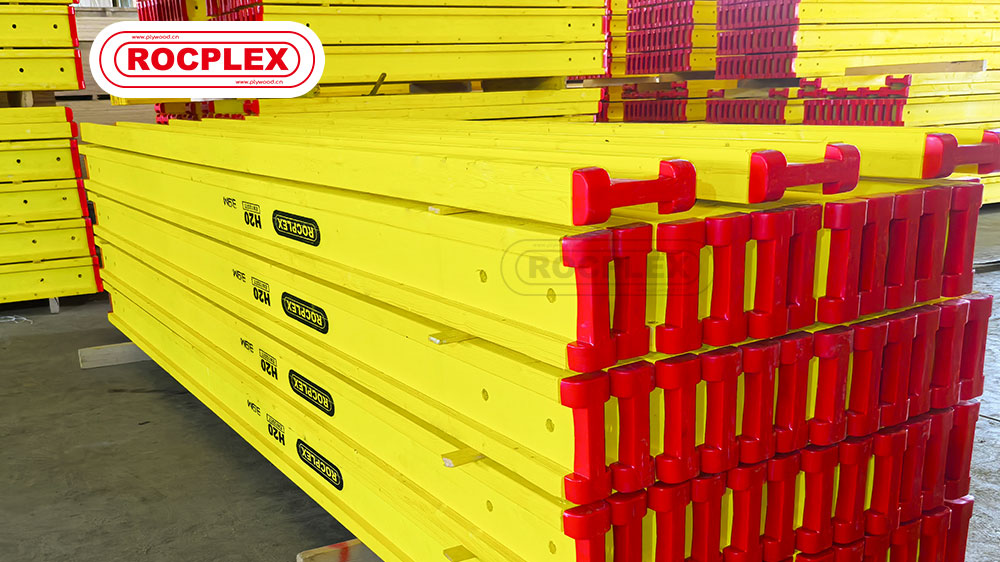 H20 formwork beams, ROCPLEX H20 beam, timber formwork beam, yellow coated formwork beam, EN 13377 certified beam, slab formwork beam, wall formwork timber, column formwork beam, plywood formwork beam, H20 concrete beam, formwork beams manufacturer, reusable timber formwork beam, finger-jointed H20 beam, formwork beam supplier