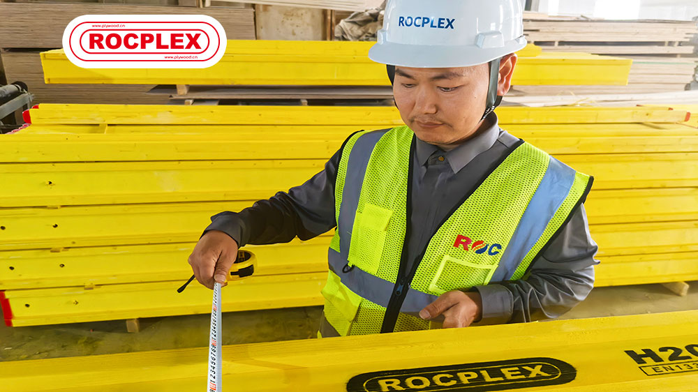 H20 slab formwork beams, ROCPLEX H20 beam, timber formwork inspection, H20 beam quality control, concrete slab formwork, yellow coated timber beam, EN 13377 certified beam, formwork timber supplier, slab concrete beams, finger jointed H20 beam, waterproof formwork beam, slab formwork timber beam, H20 beam factory inspection, slab formwork supplier