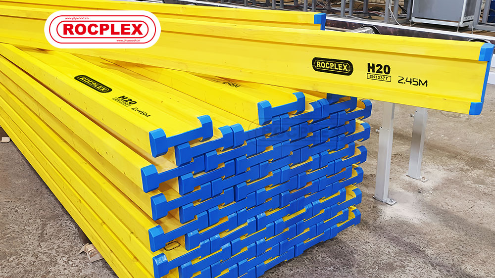 H20 timber beam, ROCPLEX H20 beam, formwork timber beam, yellow coated timber beam, blue end cap beam, EN 13377 certified beam, concrete formwork beam, timber beam for slab, wall formwork beam, plywood formwork beam, finger-jointed timber beam, waterproof H20 beam, reusable formwork timber, slab and wall formwork beam, timber formwork supplier