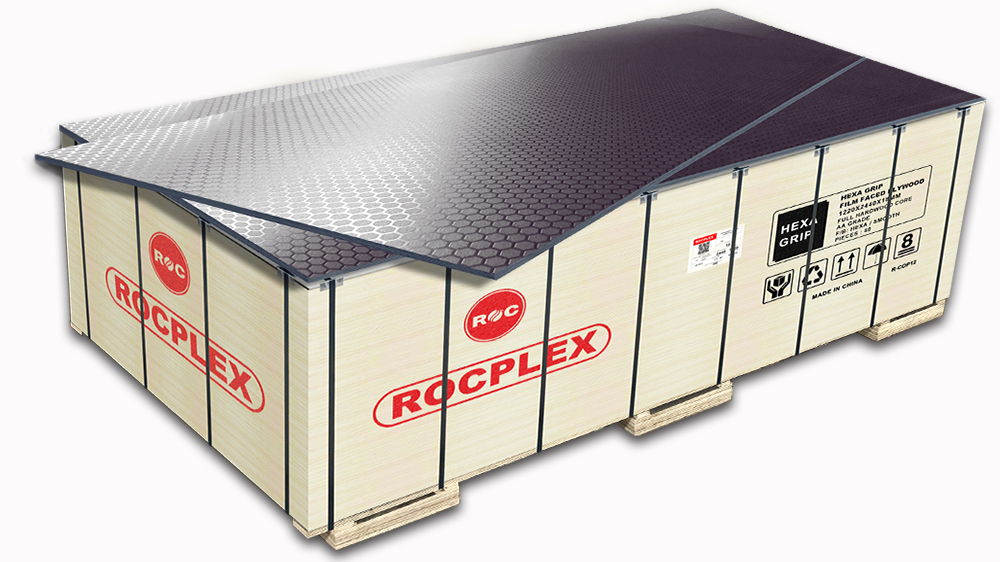 Hexa grip plywood ROCPLEX brand waterproof phenolic film faced plywood with hexagonal mesh anti slip surface R12 slip resistance edge sealed birch or poplar core heavy duty industrial plywood for trailers truck flooring marine decks scaffolding platforms industrial safety flooring and concrete formwork supplied by ROCPLEX.