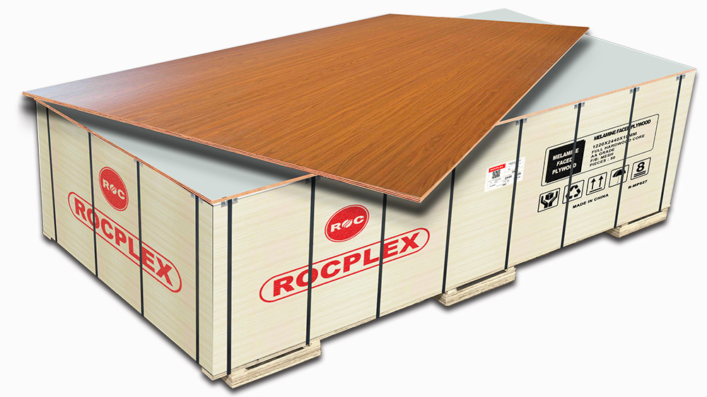 ROCPLEX melamine plywood combines a moisture-resistant plywood core with a durable melamine laminated surface, offering smooth, scratch-resistant, and decorative panels perfect for cabinets, wardrobes, furniture production, and modern interior wall panels.