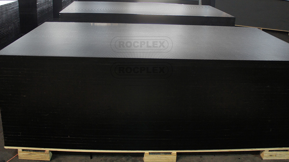 ROCPLEX Non Slip Trailer Floor Plywood; waterproof phenolic film faced plywood with mesh or hexagonal non-slip surface; sealed edge heavy-duty trailer flooring plywood sheets; anti-slip plywood panels for trucks, containers, and transport decks; durable slip resistant transport flooring panels from ROCPLEX.