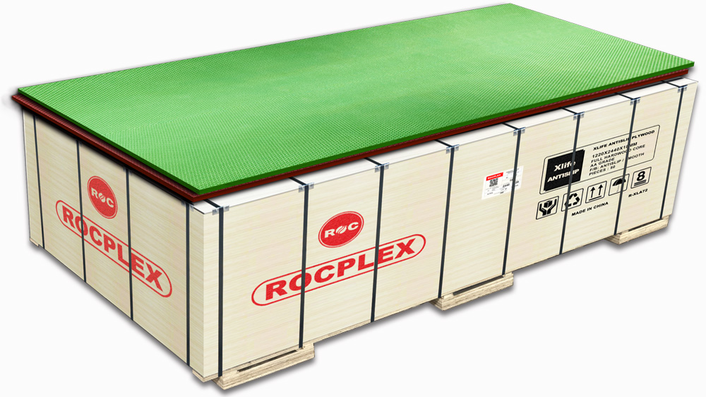 ROCPLEX Xlife Plastic Antislip Plywood; durable waterproof plastic coated plywood panels with anti-slip surface; reusable formwork plywood for concrete slabs, walls, scaffolding decks, and truck flooring; long life plastic surface plywood with easy release and high strength from ROCPLEX.