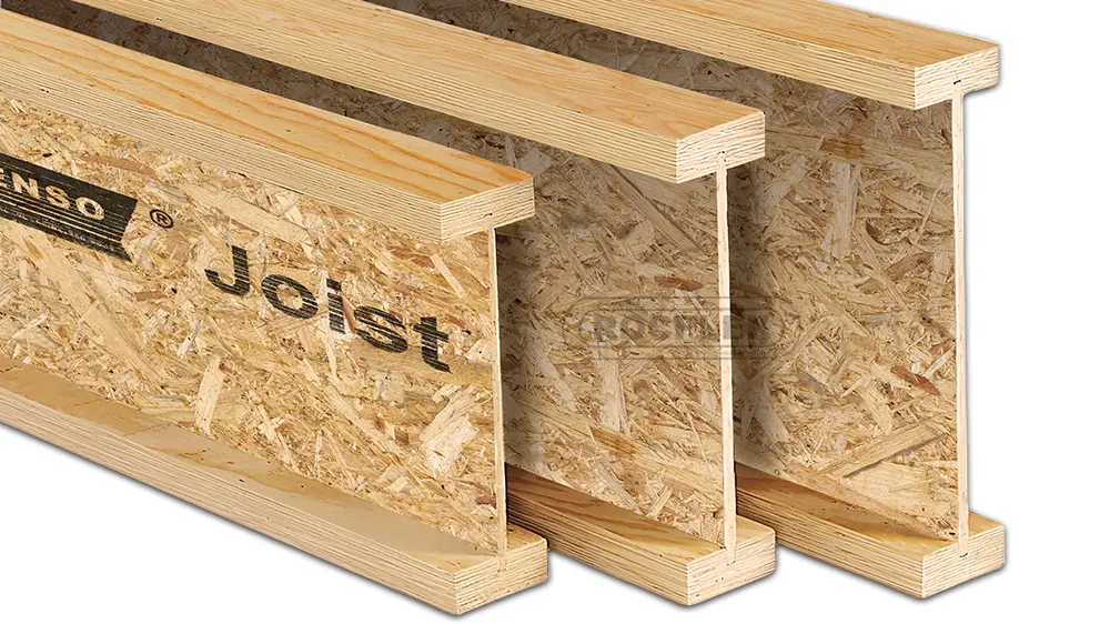 Engineered wood I Joist beam with LVL flanges and OSB web