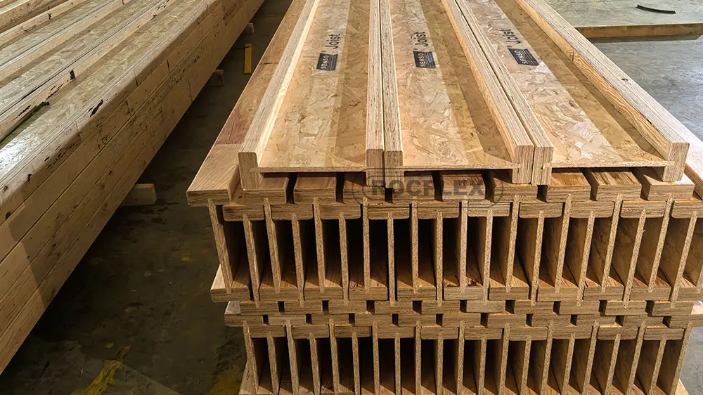 Stacked SENSO wood I joist beams with LVL flanges and OSB webs