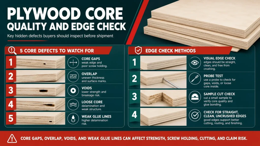 Plywood density comparison with balanced core and uneven core showing veneer layers glue lines edge quality and machining risk