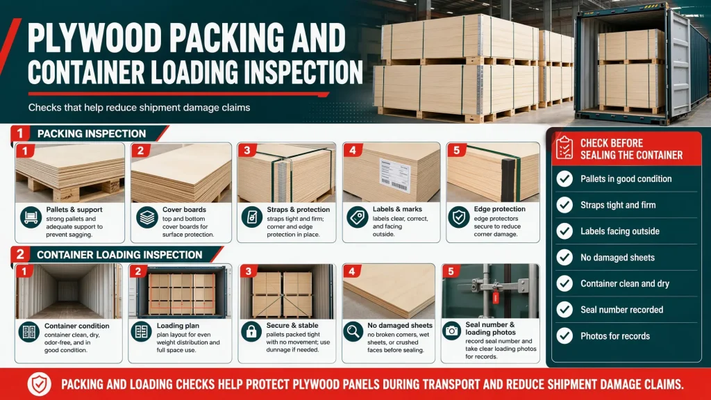 plywood packing and container loading inspection for pallets labels straps and seal number