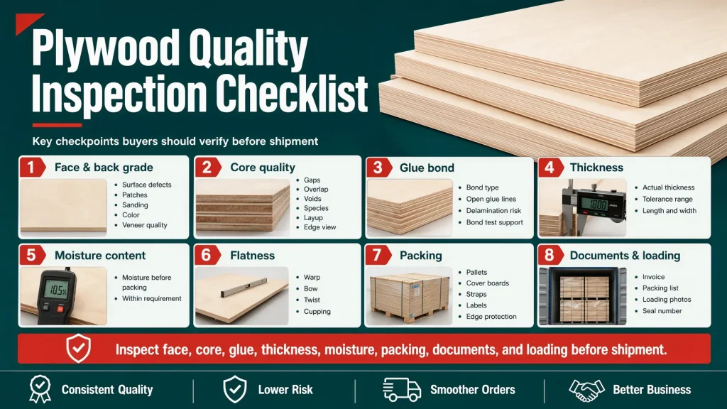 plywood quality inspection checklist for face core glue thickness moisture packing and documents