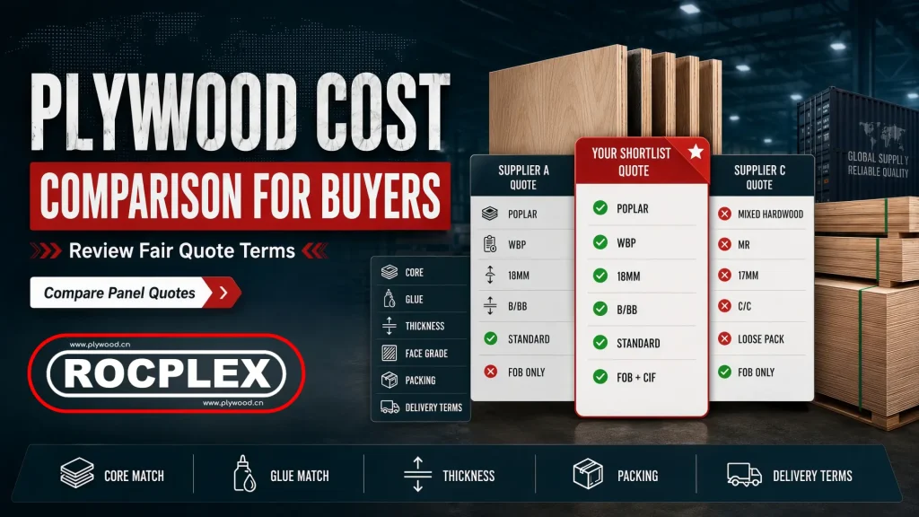 Plywood cost comparison for wholesale buyers, helping importers review panel quotes by core type, glue bond, thickness tolerance, face grade, packing quality, QC level, and delivery terms. plywood cost comparison for wholesale buyers reviewing panel quotes