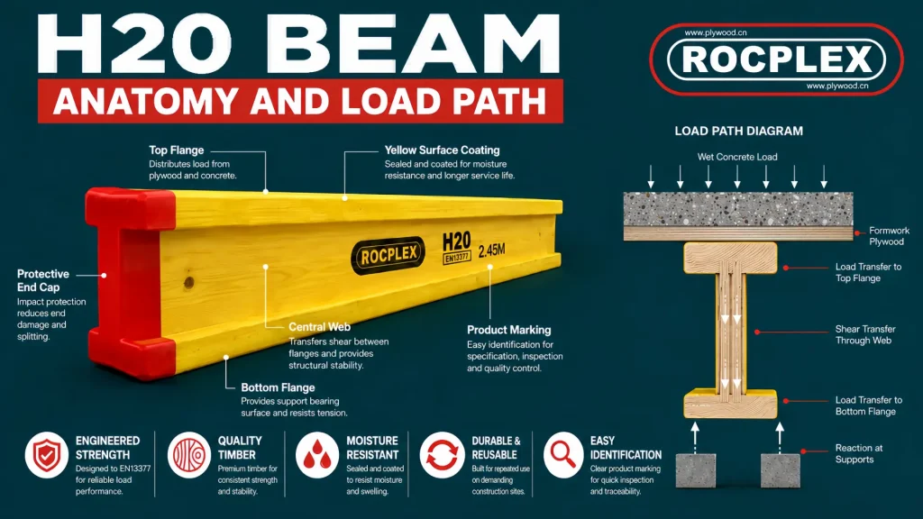 H20 formwork beam anatomy with timber flanges, web, end cap, coating, marking, and concrete load path