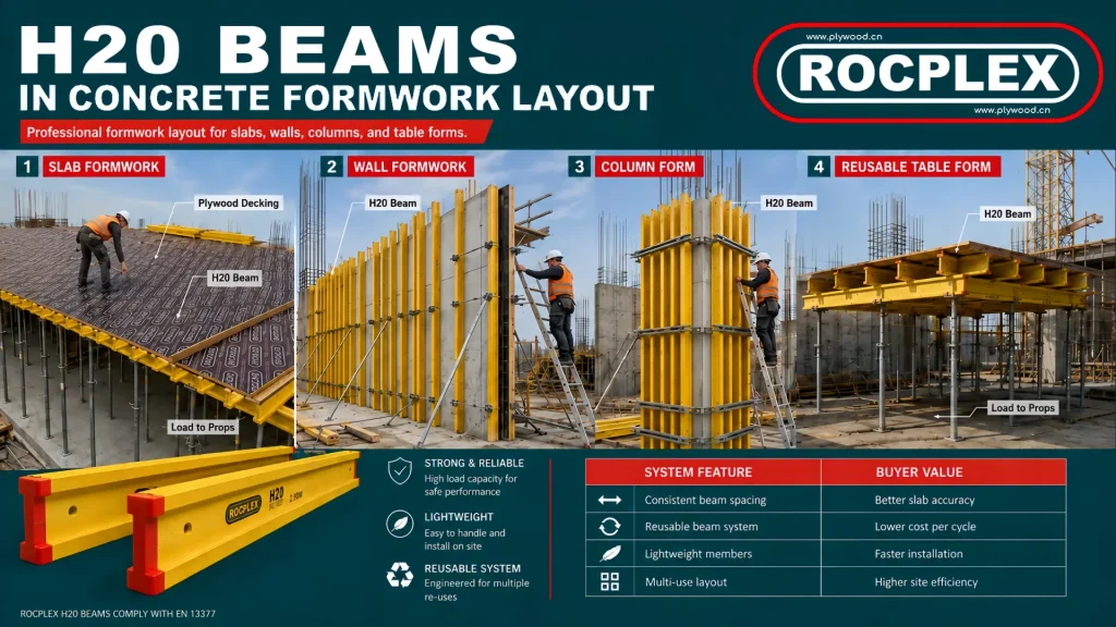 H20 timber beams used with formwork plywood in slab wall column and table formwork systems