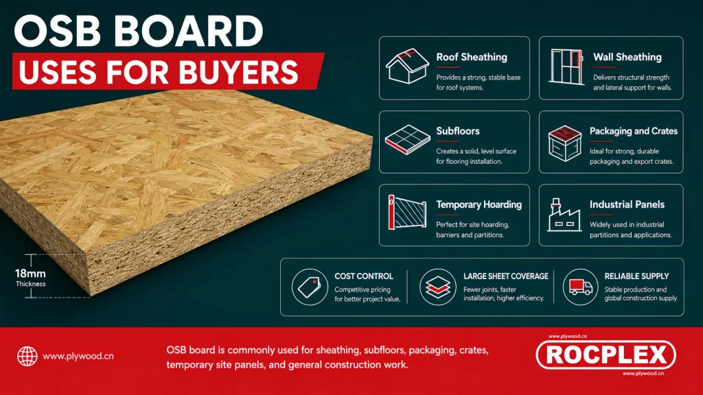 OSB board uses guide for construction packaging and wholesale panel buyers OSB board application guide for sheathing, subfloors, packaging, hoarding, crates, and construction panels