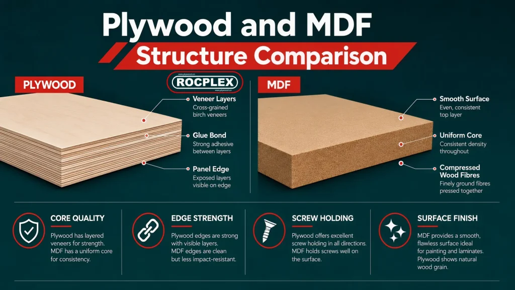 Plywood and MDF structure comparison for buyers choosing engineered wood panels Plywood and MDF core structure comparison with veneer layers and compressed wood fibres