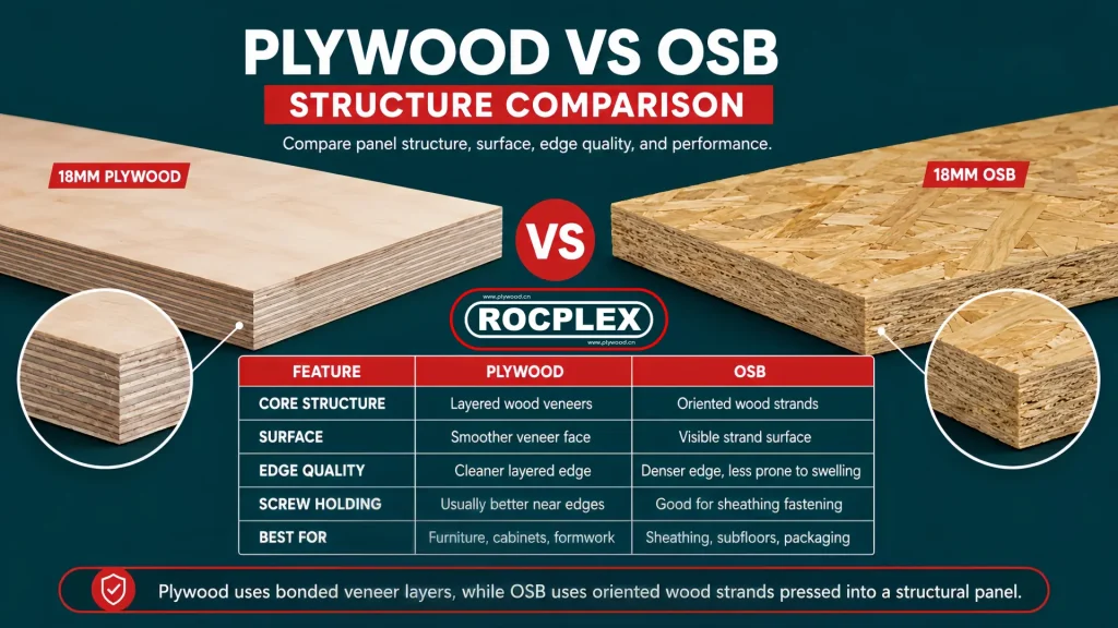 Plywood vs OSB structure comparison with veneer layers, oriented strands, edge quality, and surface finish