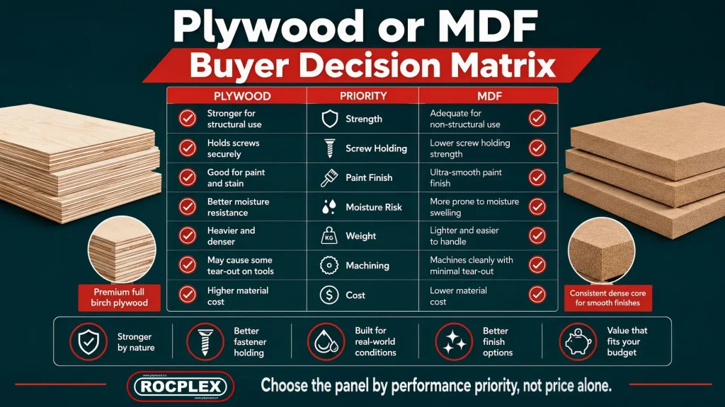Plywood or MDF buyer decision matrix for global wood panel sourcing Plywood or MDF buyer decision matrix for comparing strength finish moisture weight machining and cost