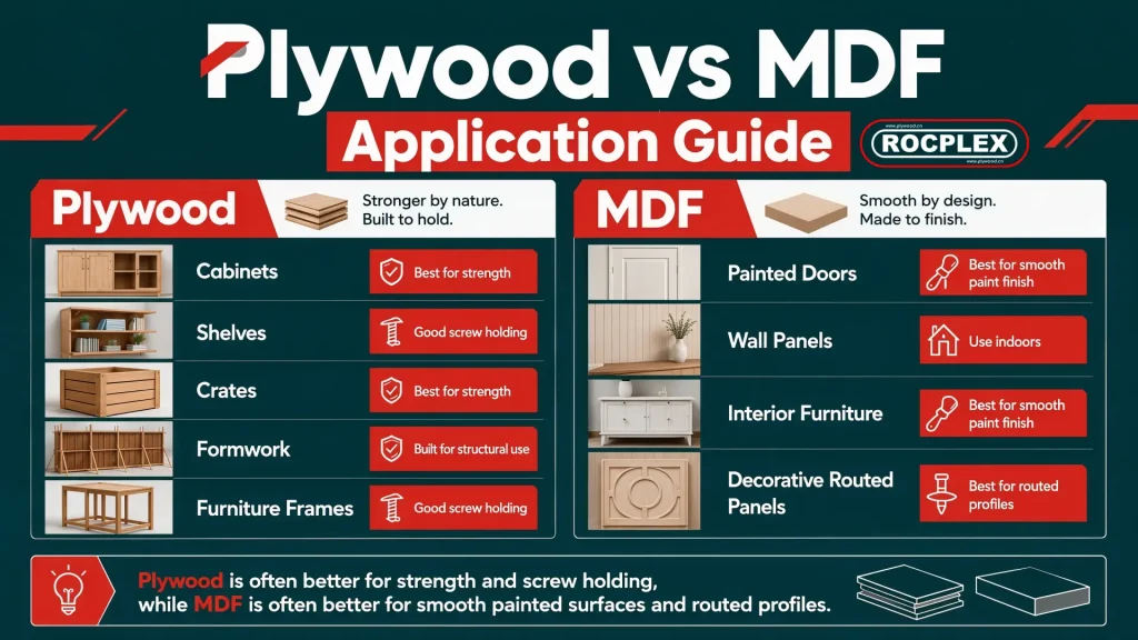 Plywood vs MDF application guide for furniture cabinet and interior panel buyers Plywood vs MDF application guide showing best panel choice by furniture and construction use