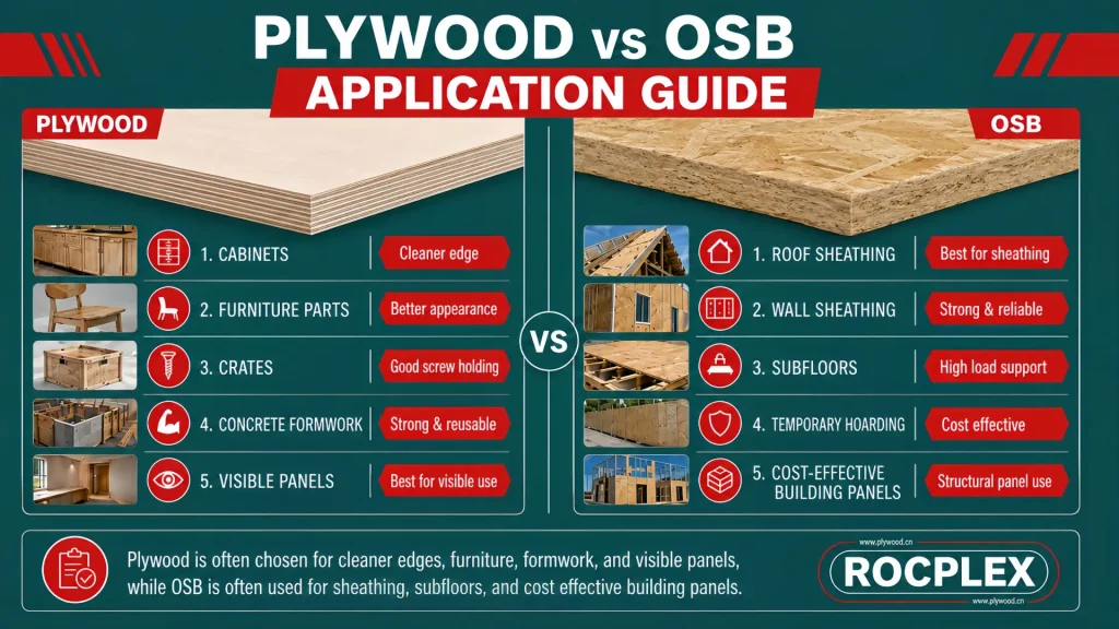 Plywood vs OSB application guide comparing furniture, formwork, sheathing, subfloors, packaging, and construction panels