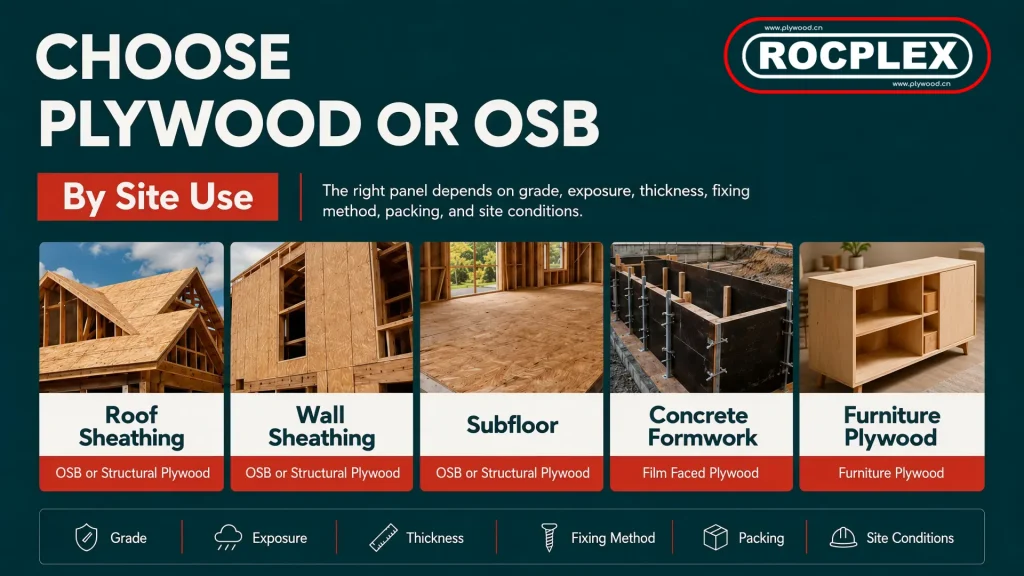Choose Plywood or OSB by Construction Site Use choose plywood or OSB by roof wall subfloor formwork and packing use