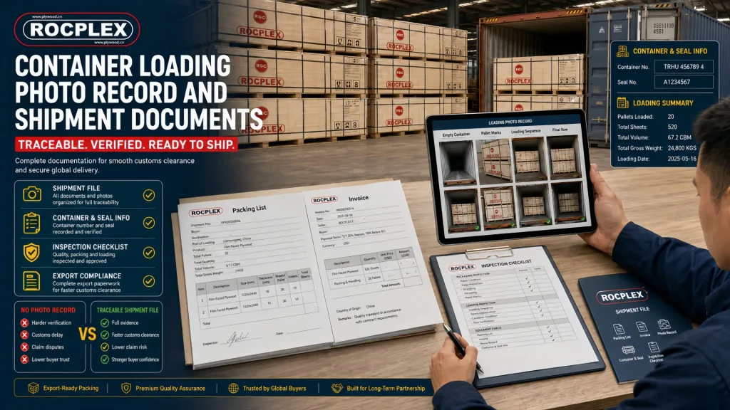 Container loading photo record and shipment documents for plywood export buyers Plywood container loading photo record with empty container, pallet marks, loading sequence, container number, seal number, packing list, and invoice