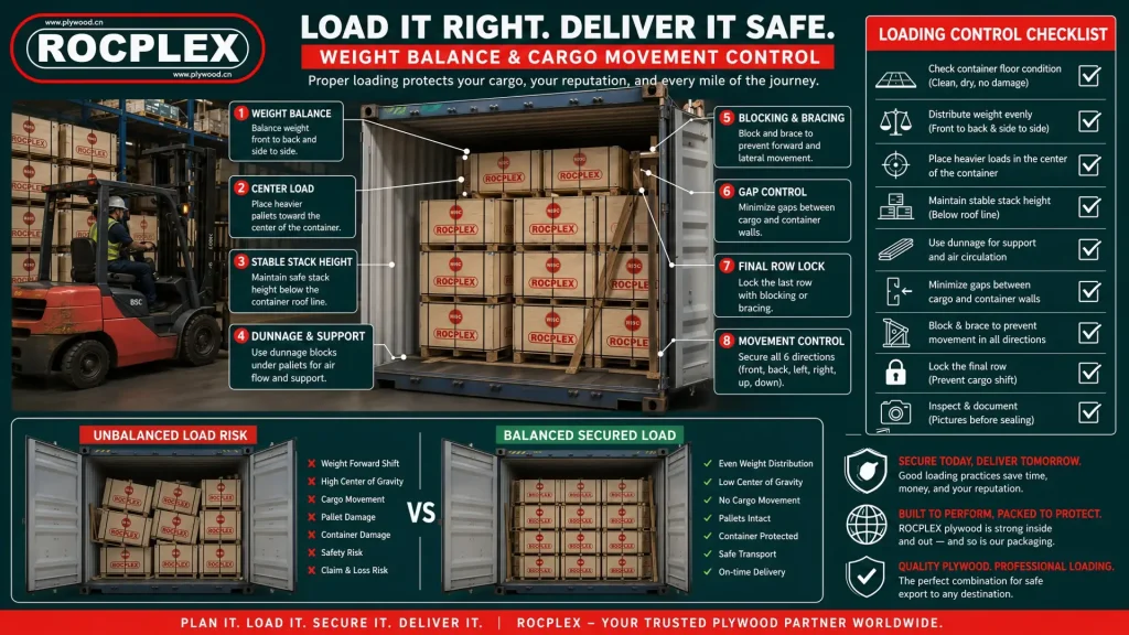 Container loading weight balance and cargo movement control for plywood pallets Plywood container loading weight balance with pallet position, route weight limit, gap blocking, forklift access, and door safety