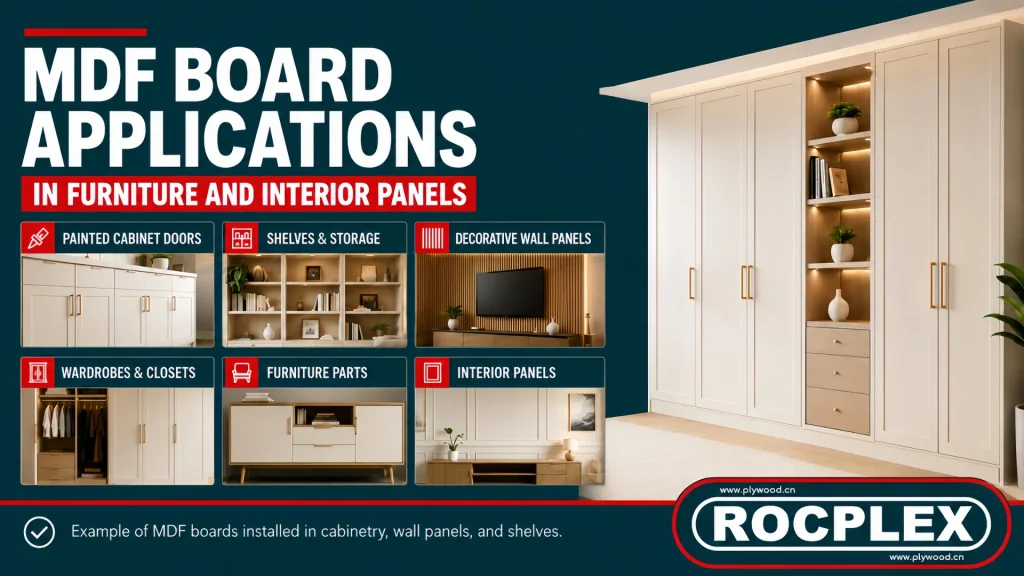 MDF panels used in cabinets, shelves, wall panels, and decorative interiors MDF applications for cabinets, shelves, wardrobes, wall panels, and decorative interior panels