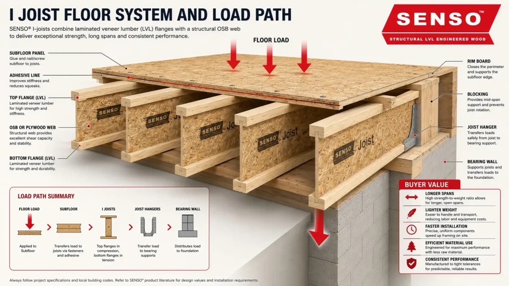 I joist floor system showing load path through subfloor joists blocking rim board and bearing points I joist floor assembly with subfloor, adhesive, fasteners, rim board, blocking, hangers, flanges, web, and structural load path
