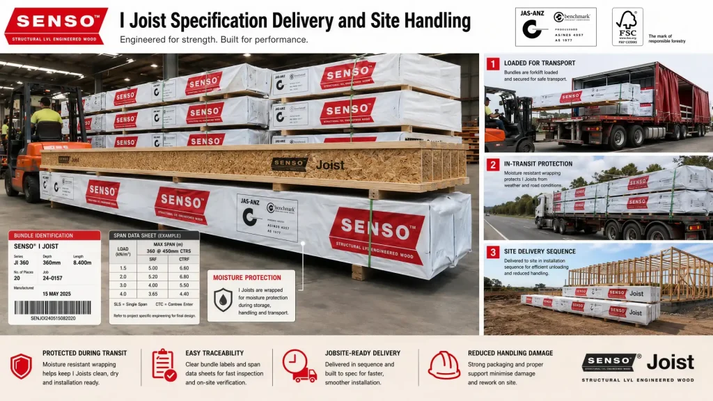 I joist specification delivery and site handling plan for distributors and project buyers I joist delivery and handling plan with marked bundles, span data, wrapping, moisture protection, inspection tags, and loading sequence