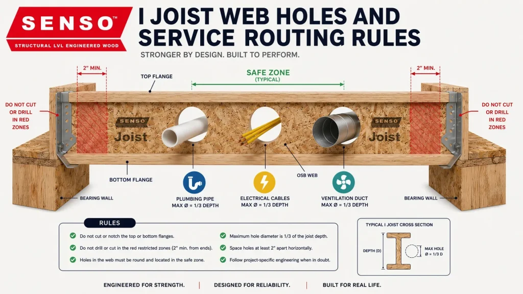 I joist web hole and service routing rules for plumbing wiring ducts and flange protection I joist service routing with approved web holes for pipes cables ducts safe zones bearing distance and no flange cutting