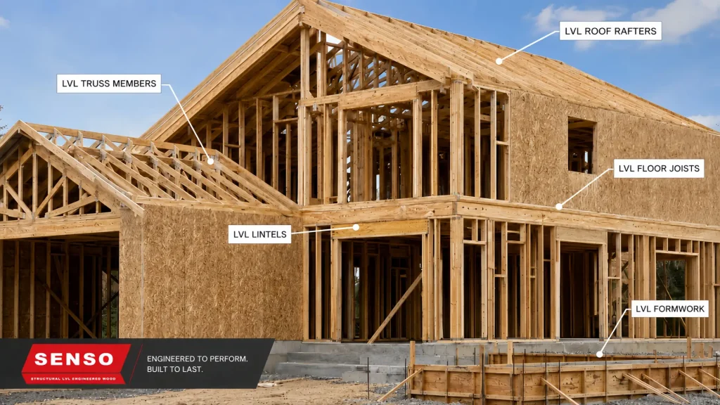 LVL timber beams for structural applications in construction LVL timber beams used in roof framing, floor joists, lintels, trusses, and formwork