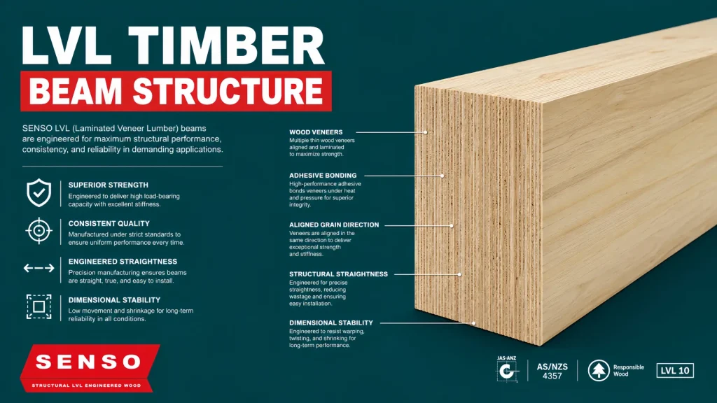 LVL timber beam with veneer layers and adhesive bond Laminated veneer lumber beam showing aligned veneers, adhesive bonding, and uniform cross-section