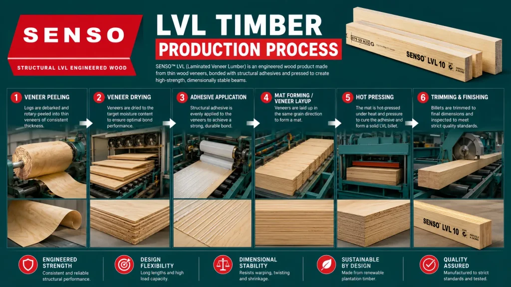 LVL timber production from log through pressing and trimming LVL timber production process from log to finished structural beam