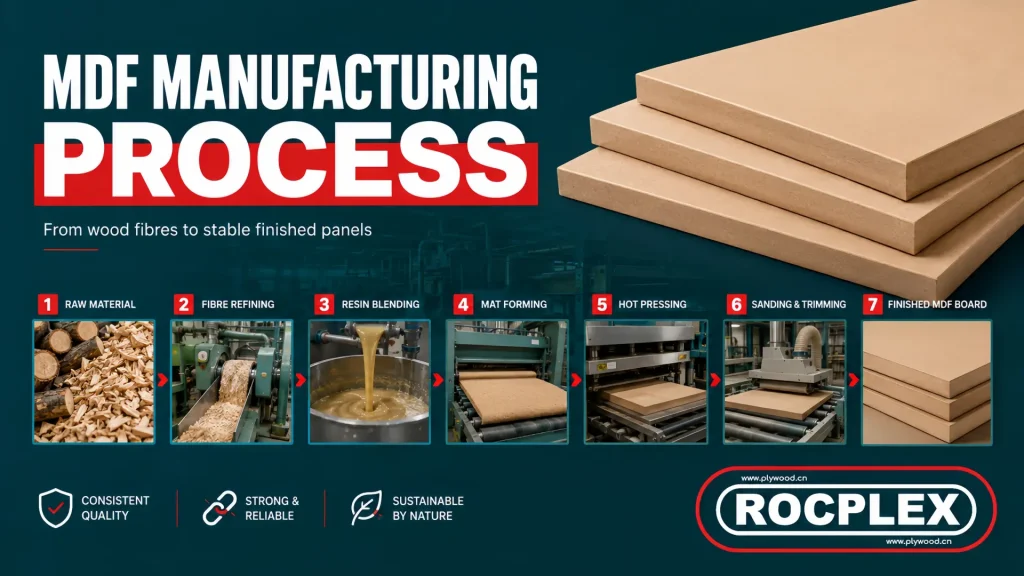 MDF manufacturing process from fibres to smooth finished board MDF board production from wood fibres through pressing and finishing