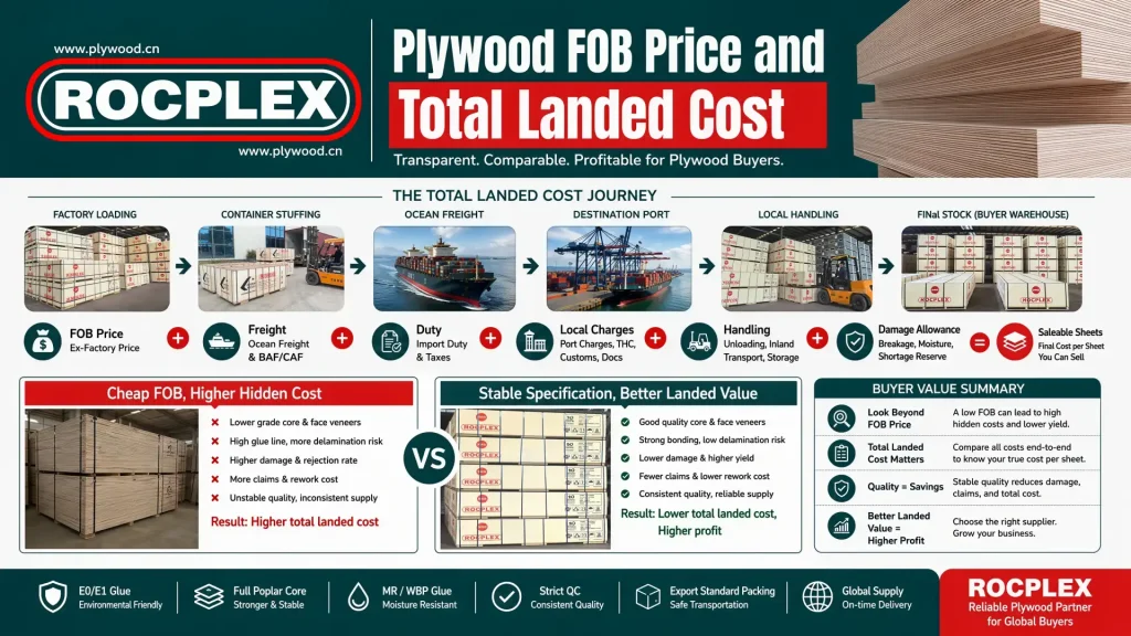 Plywood FOB price and total landed cost comparison for global buyers Plywood landed cost guide with FOB price, freight, duty, local charges, damage risk, warehouse handling, and saleable sheet yield