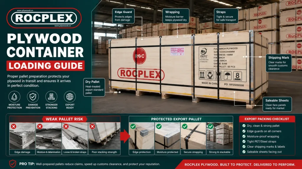 Plywood pallet protection before container loading with wrapping edge guards straps and shipping marks Plywood pallet loading preparation with edge protection, waterproof wrapping, straps, marks, dry storage, and saleable sheet control