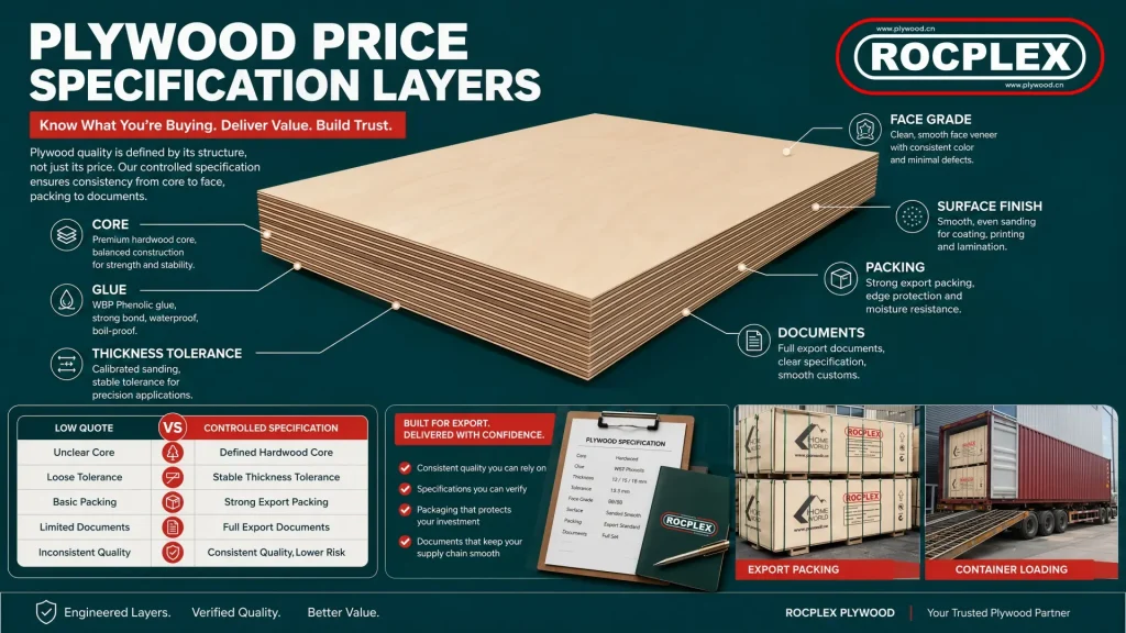 Plywood price specification layers for comparing core face glue tolerance packing and documents Plywood price guide showing core, face, glue, thickness, finish, packing, documents, and quote comparison