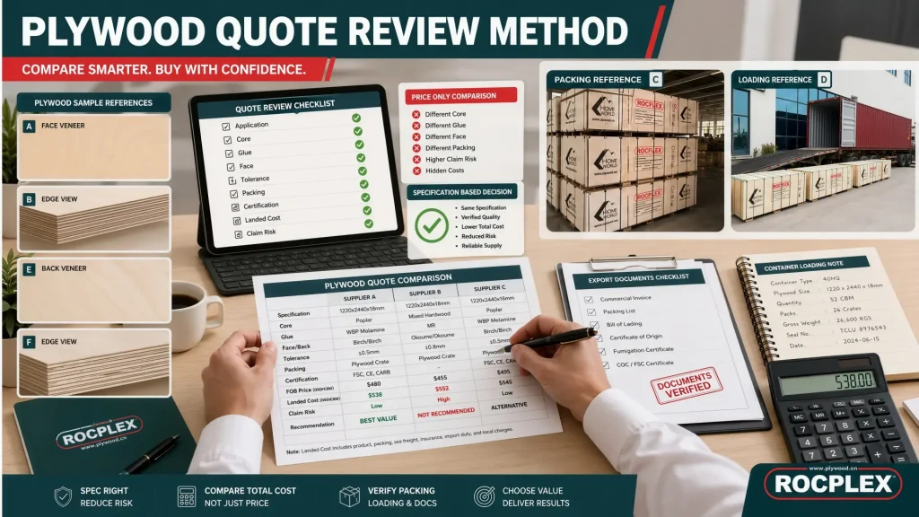 Plywood quote review method for comparing specification landed cost documents and claim risk Plywood quote review method comparing application, core, glue, face grade, tolerance, packing, certification, landed cost, and claims
