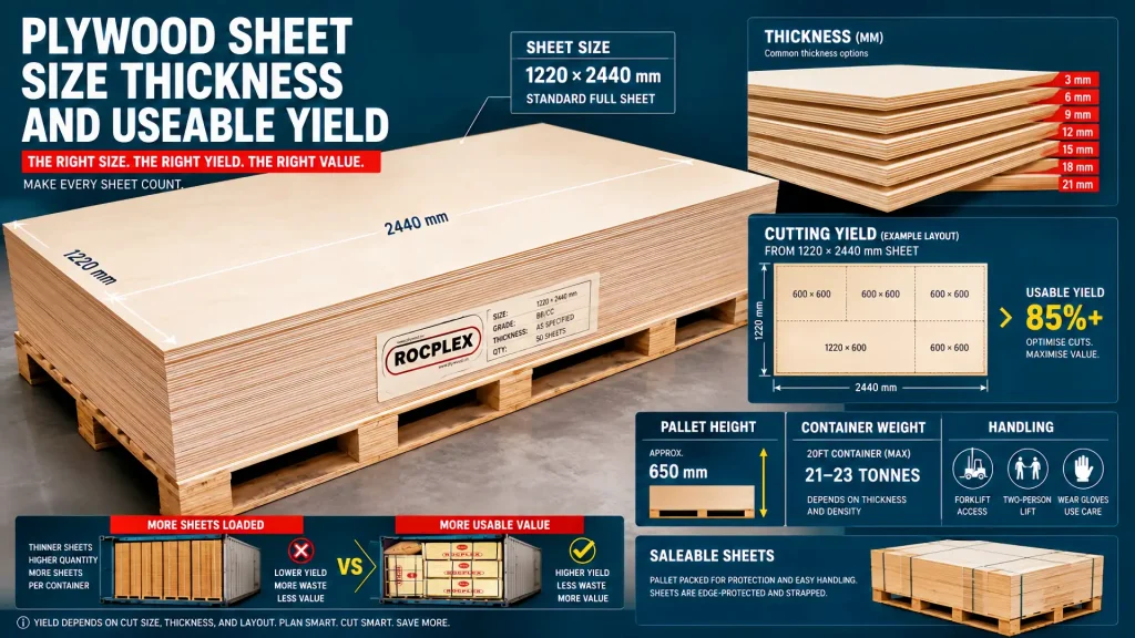 Plywood sheet size thickness and useable yield planning for buyers and builders Plywood sheet size and thickness guide showing 1220 by 2440 mm panel, cutting yield, pallet plan, container weight, and saleable sheets