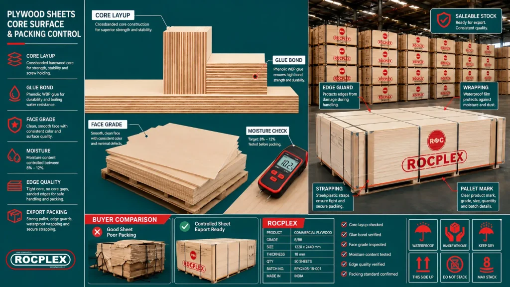 Plywood sheets core surface and packing control for export buyers Plywood sheets control guide with core layup, glue bond, face grade, moisture check, wrapping, edge guards, pallet marks, and saleable stock