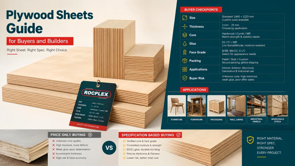 Plywood sheets guide for buyers and builders covering size thickness core glue face grade packing and applications Plywood sheets guide for buyers and builders with size, thickness, core, glue, face grade, packing, applications, and buyer risk control