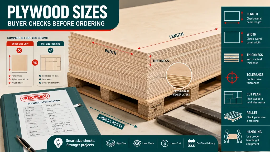 Plywood sizes guide for buyers checking dimensions thickness tolerance handling and final use Plywood sizes buyer guide with sheet dimensions, thickness, tolerance, cutting plan, pallet handling, and delivery checks