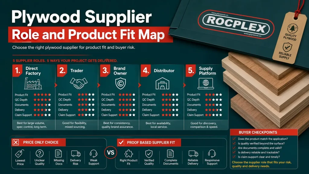 Plywood supplier role and product fit map for factory trader brand owner distributor and supply platform comparison Plywood supplier selection guide showing supplier role, product fit, factory control, documents, delivery, and buyer risk