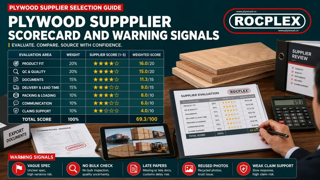 Plywood supplier scorecard and warning signals for buyer supplier evaluation Plywood supplier scorecard with product fit, QC, documents, delivery, packing, communication, claim response, and risk warning signs