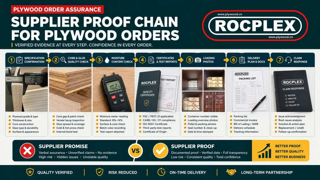 Supplier proof chain for plywood orders covering specification QC documents loading delivery and claims Plywood supplier proof chain with specification, QC records, certificates, loading photos, shipment plan, traceability, and claim response