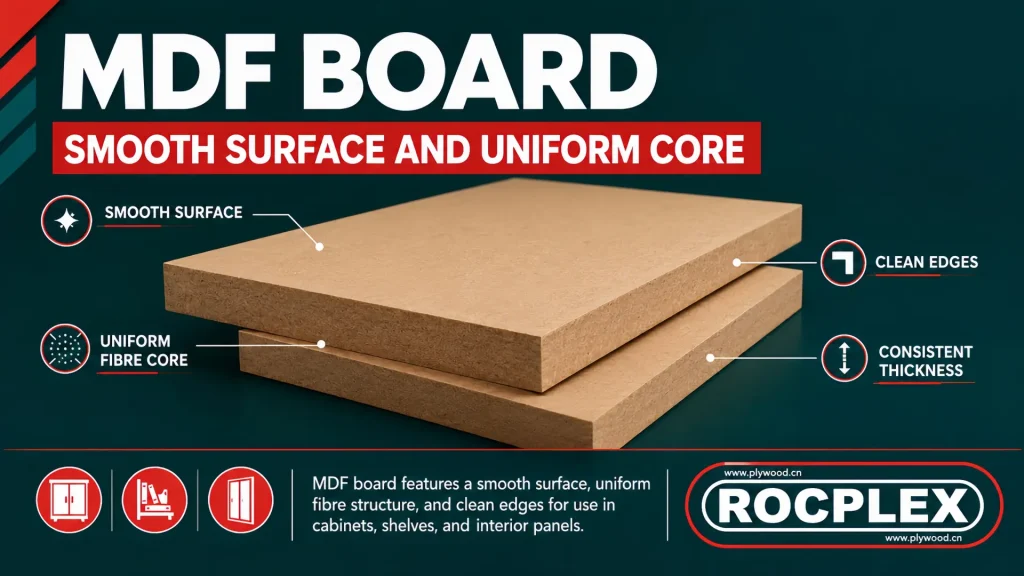 MDF board with smooth surface, uniform core, and clean edges MDF board with smooth surface and uniform core for furniture and interior panels