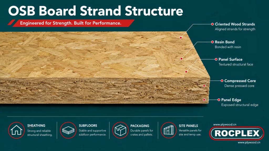 OSB board strand structure with oriented wood strands and resin bonded core OSB board strand structure showing oriented wood strands, resin bond, panel surface, and compressed core