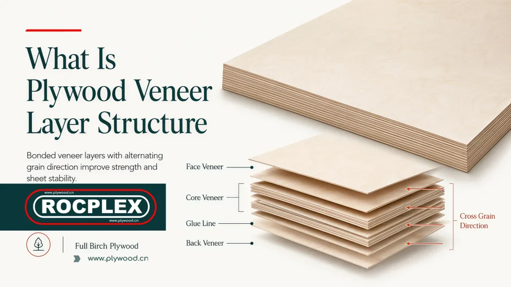 Plywood veneer layer structure with crossed grain direction and bonded core layers Plywood veneer layer structure showing face veneer, core layers, glue lines, and crossed grain direction
