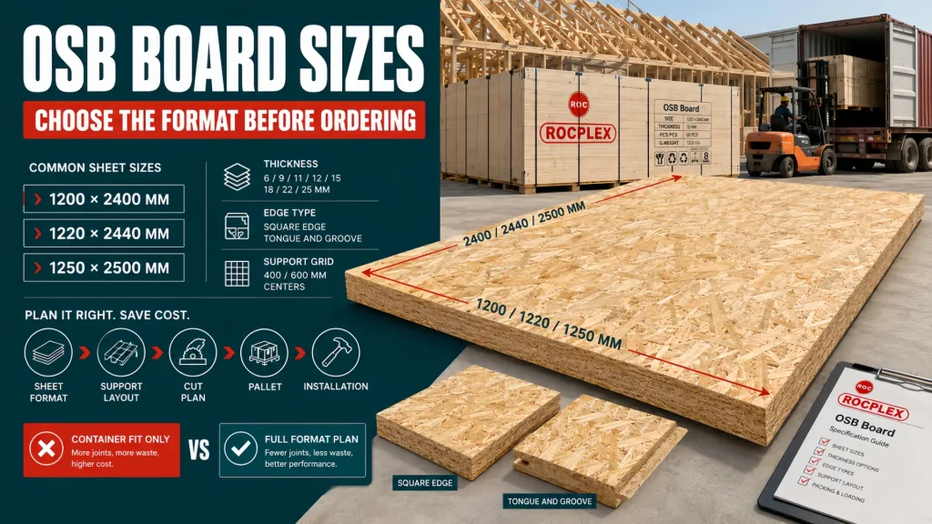 OSB board sizes guide for sheet format support layout edge type and logistics planning OSB board sizes comparison showing sheet dimensions thickness support layout tongue and groove edges pallet loading and installation planning