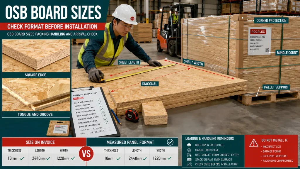 OSB board sizes packing handling and arrival inspection for dimensions edge profile and pallet control OSB board sizes arrival check with sheet measurement thickness diagonal T and G edge pallet protection bundle labels and forklift handling