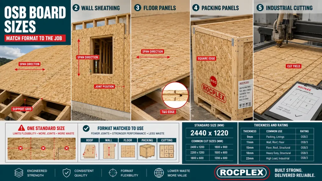 OSB board sizes matched to roof wall floor and industrial panel applications OSB board sizes for roof wall floor packaging and industrial cutting with support grid joint layout edge profile and thickness checks