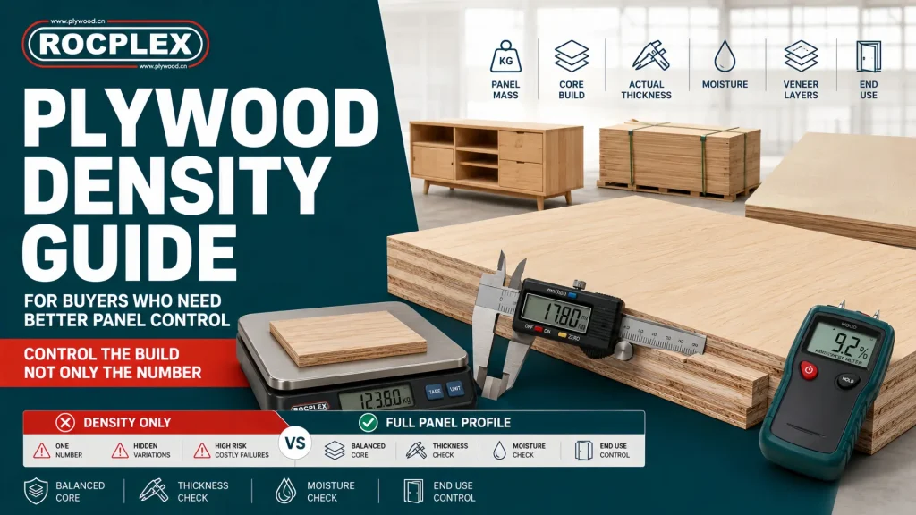 Plywood density guide showing panel mass, core build, veneer layers, actual thickness, moisture, and buyer control checks